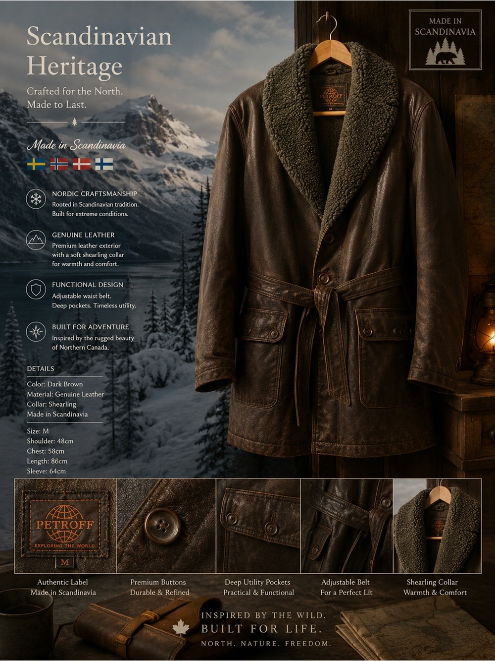 Dark Brown Leather Pea Coat with Shearling Collar